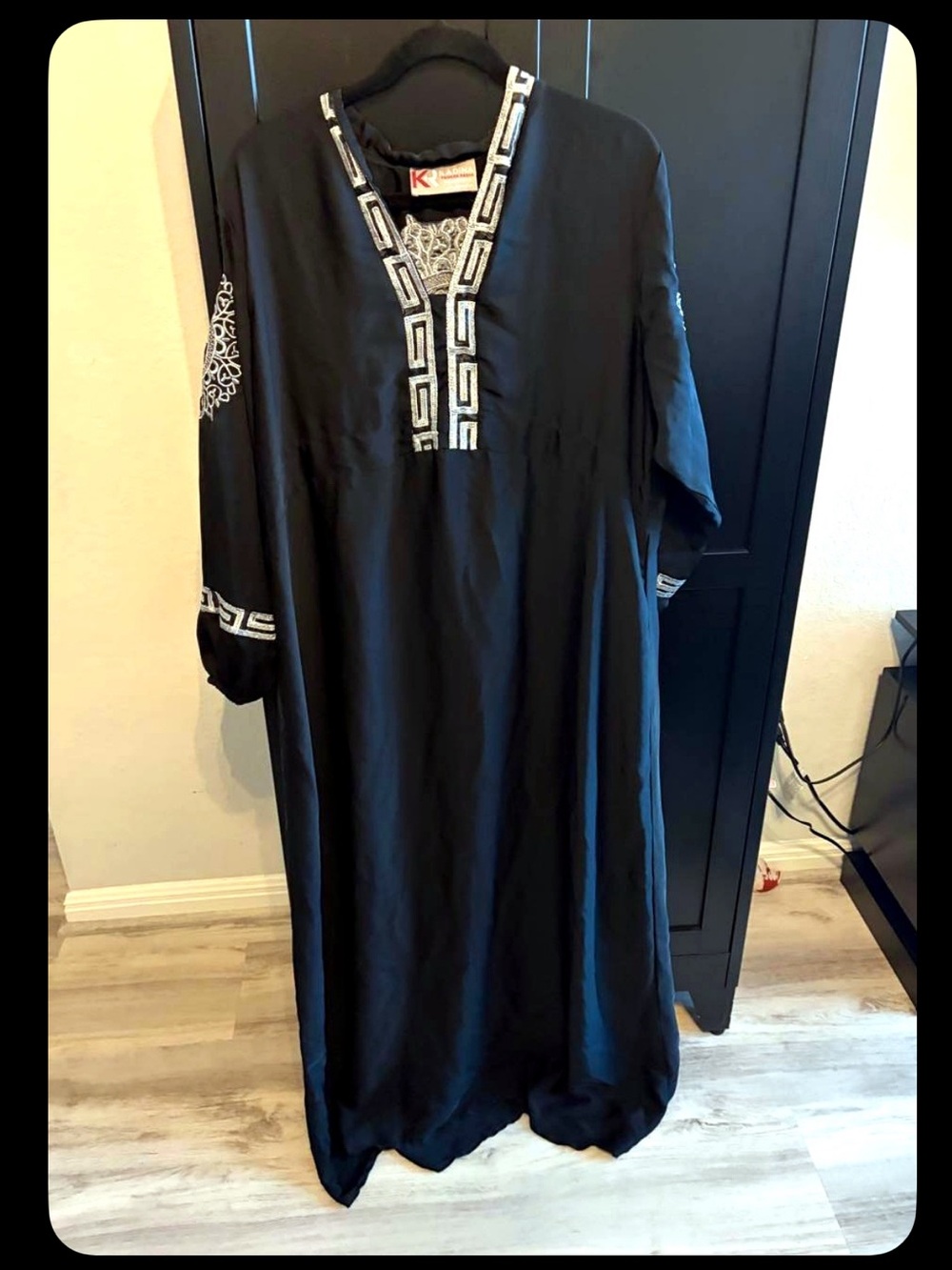 Kadina Black Silver Embroidered Abaya Kaftan Maxi Dress Greek Medusa